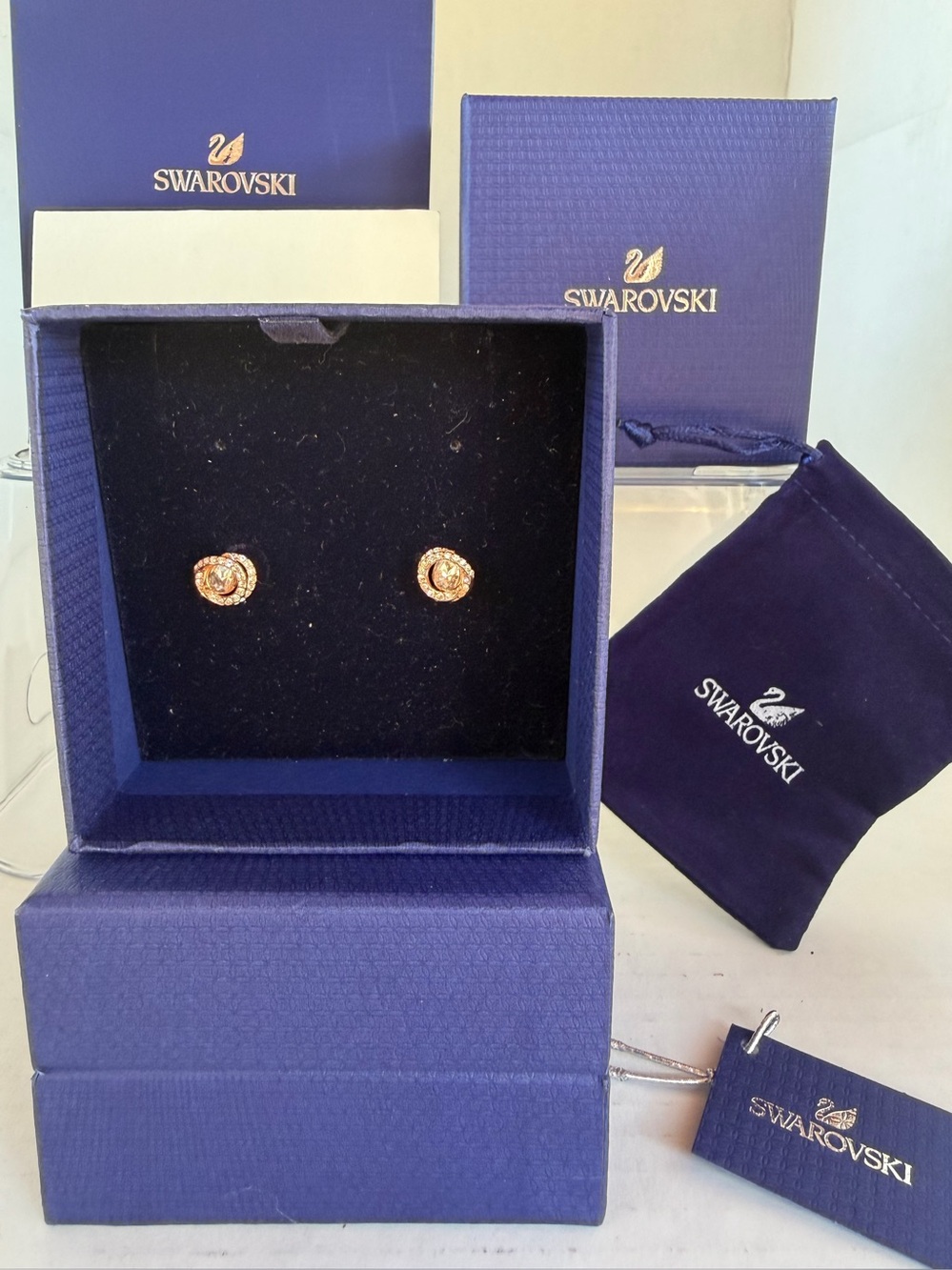 Swarovski Rose Gold Halo Crystal Stud Earrings NWT